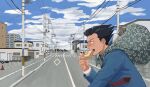  1boy 23011620x ace_attorney bag black_hair blue_jacket blue_sky building clouds collared_shirt crosswalk day eating food food_in_mouth fried_egg from_side highres holding holding_food jacket karakusa_(pattern) long_sleeves male_focus mouth_hold necktie outdoors phoenix_wright power_lines red_necktie road shirt short_hair sky solo spiky_hair sweatdrop toast toast_in_mouth upper_body utility_pole white_shirt 