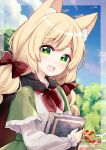  1girl :d animal_ear_fluff animal_ears bangs black_cape blonde_hair blue_sky blush book bow braid cape capelet clouds commentary_request day flower fox_ears fox_girl frilled_sleeves frills green_capelet green_eyes hair_bow highres holding holding_book long_hair long_sleeves looking_at_viewer neckerchief open_mouth outdoors pink_flower pixiv_fantasia pixiv_fantasia_scepter_of_zeraldia red_bow red_cape red_flower red_neckerchief shindo_hachigo shirt sky smile solo tree twin_braids two-sided_cape two-sided_fabric upper_body white_shirt 