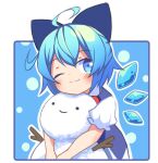  1girl ;3 ahoge bangs blue_background blue_bow blue_eyes blue_hair bow cirno closed_mouth detached_wings hair_bow ice ice_wings one_eye_closed short_hair smile snowman solo touhou tsuri_buta wings 