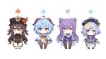  4girls ahoge beads bell blue_hair bodystocking braid brown_eyes brown_hair brown_headwear brown_jacket brown_shorts chibi closed_mouth coin_hair_ornament commentary_request cone_hair_bun cowbell double_bun dress flower-shaped_pupils flower_knot french_braid ganyu_(genshin_impact) genshin_impact hair_between_eyes hair_bun hair_ornament half-closed_eyes hat horns hu_tao_(genshin_impact) jacket jiangshi keqing_(genshin_impact) long_hair long_sleeves minoa_(lastswallow) multiple_girls neck_bell pink_eyes porkpie_hat prayer_beads purple_hair purple_headwear qing_guanmao qiqi_(genshin_impact) red_eyes short_shorts shorts simple_background smile standing straight-on symbol-shaped_pupils tassel twintails violet_eyes white_background 