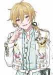  1boy belt blonde_hair blue_shirt brown_eyes ensemble_stars! green_ribbon hair_ribbon hakaze_kaoru jacket long_sleeves looking_at_viewer low_ponytail male_focus medium_hair open_mouth ribbon shirt smile solo sushi_171 white_background white_jacket 