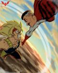  2boys armor bardock batm_andrew black_hair blonde_hair blue_eyes cape clenched_teeth clouds crossover dragon_ball dragon_ball_z facial_hair gloves grey_hair highres invincible_(series) male_focus multicolored_hair multiple_boys mustache nolan_grayson omniman red_cape red_gloves sky super_saiyan super_saiyan_1 superhero teeth trait_connection two-tone_hair watermark 
