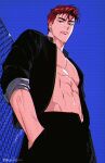  abs bekhoemi black_eyes black_jacket black_pants blue_background commentary_request cowboy_shot gakuran hands_in_pockets highres jacket korean_commentary looking_at_viewer open_clothes open_jacket pants pompadour redhead sakuragi_hanamichi school_uniform short_hair slam_dunk_(series) sleeves_rolled_up twitter_username wire_fence 