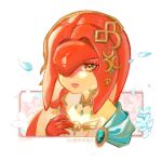  1girl camille-sky closed_mouth colored_skin commentary_request fins fish_girl flower hair_ornament hand_up highres jewelry long_hair looking_at_viewer mipha monster_girl multicolored_skin no_eyebrows petals pointy_ears red_skin redhead smile solo the_legend_of_zelda the_legend_of_zelda:_breath_of_the_wild two-tone_skin white_background yellow_eyes zora 