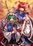  2girls absurdres asymmetrical_hair bangs breasts clouds frills gold_trim green_hair hair_bobbles hair_ornament hat height_difference highres holding holding_scythe kuya_(hey36253625) large_breasts light_particles medium_hair multiple_girls onozuka_komachi parted_lips red_eyes redhead rod_of_remorse scythe serious shiki_eiki skirt touhou two_side_up v-shaped_eyebrows wide_sleeves 