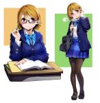  1girl black_pantyhose blue_bow blue_bowtie blue_jacket blue_skirt book bow bowtie breath brown_hair carrying_bag collared_shirt expressions glasses hair_between_eyes highres holding holding_pencil jacket koizumi_hanayo loafers long_sleeves looking_at_viewer love_live! nakano_maru open_clothes open_jacket open_mouth otonokizaka_school_uniform pantyhose parted_lips pencil plaid plaid_skirt pleated_skirt school_uniform shirt shoes short_hair skirt smile solo standing striped striped_bow striped_bowtie tail twitter_username violet_eyes white_shirt wing_collar 