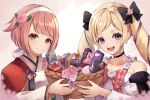  2girls :d bangs bare_shoulders basket black_bow blonde_hair bow detached_sleeves dress earrings elise_(fire_emblem) elise_(valentine)_(fire_emblem) fire_emblem fire_emblem_fates fire_emblem_heroes flower gift hair_bow hair_flower hair_ornament hairband highres holding holding_basket japanese_clothes jewelry kimono long_hair long_sleeves looking_at_viewer multicolored_hair multiple_girls official_alternate_costume pink_eyes pink_hair purple_hair reia_hana sakura_(fire_emblem) sakura_(valentine)_(fire_emblem) short_hair smile twintails twitter_username two-tone_hair very_long_hair violet_eyes white_dress white_hairband white_kimono wide_sleeves 