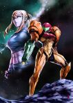  1girl artist_logo blonde_hair blue_eyes breasts closed_mouth fingerless_gloves full_body gloves harymachinegun large_breasts long_hair metroid mole mole_under_mouth multiple_views night night_sky pants ponytail power_suit_(metroid) samus_aran sidelocks sky standing star_(sky) starry_sky tank_top 