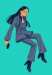  1girl 23011620x ace_attorney ace_attorney_investigations ace_attorney_investigations:_miles_edgeworth black_footwear black_hair blue_background blue_jacket blue_pants boots callisto_yew closed_mouth collared_shirt earrings formal full_body gun handgun high_heel_boots high_heels highres holding holding_gun holding_weapon jacket jewelry long_hair long_sleeves looking_to_the_side necktie pants red_shirt shirt simple_background sitting solo suit weapon white_necktie 