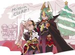  4girls bangs cape christmas_tree fire_emblem fire_emblem:_the_sacred_stones fire_emblem:_three_houses fire_emblem_heroes green_hair hair_between_eyes hand_on_another&#039;s_head kiran_(fire_emblem) laegjarn_(fire_emblem) laevatein_(fire_emblem) long_hair lute_(fire_emblem) lute_(winter)_(fire_emblem) lysithea_von_ordelia lysithea_von_ordelia_(winter) multicolored_hair multiple_girls official_alternate_costume open_mouth orange_hair penguinbu pink_hair red_eyes short_hair siblings sisters smile twintails two-tone_hair 