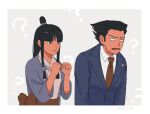  1boy 1girl 23011620x ? ace_attorney bangs black_hair blue_jacket blunt_bangs clenched_hands collared_shirt confused hair_ornament half_updo hanten_(clothes) jacket japanese_clothes jewelry kimono long_hair long_sleeves magatama maya_fey necklace necktie obi parted_bangs phoenix_wright purple_jacket red_necktie sash shirt short_hair sidelocks simple_background spiky_hair sweatdrop upper_body white_kimono white_shirt 