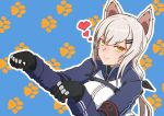  1girl animal_ears armband black_armband black_gloves blue_background bow cat_ears girls_frontline gloves grey_hair hair_bow hair_ornament hairclip heart highres jacket long_hair looking_at_viewer m590_(girls&#039;_frontline) paw_pose paw_print paw_print_background smile solo tomtom_drawing upper_body yellow_eyes 