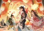  1girl 3boys absurdres bangs black_hair chinese_clothes festival hand_fan hanfu highres holding holding_fan huanyoucai lantern long_hair long_sleeves looking_at_viewer looking_back multiple_boys original paper_lantern parted_bangs rabbit tassel white_hair wide_sleeves 