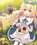  1girl 3others alice_(alice_in_wonderland) alice_in_wonderland blonde_hair blue_dress blue_eyes blush brick_wall cupcake dress eating food greenthumb_el hat highres long_hair looking_at_another multiple_others mushroom on_grass on_ground original wall 