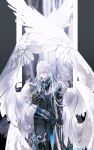  1boy absurdres angel_wings closed_eyes closed_mouth for_all_time highres holding long_hair male_focus procreate_(medium) solo white_hair white_wings wings yexuan 