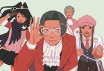  1boy 23011620x 3girls ace_attorney ace_attorney_investigations ace_attorney_investigations:_miles_edgeworth arm_behind_back ascot bespectacled black_hair black_vest brown_hair closed_mouth collared_shirt costume ema_skye formal furrowed_brow glasses gloves grey_eyes grey_hair hair_intakes hair_ornament hat high_ponytail highres jacket karakusa_(pattern) kay_faraday key labcoat long_hair long_sleeves looking_at_viewer miles_edgeworth multiple_girls old old_woman open_mouth pink_badger pleated_skirt pointing pointing_at_viewer ponytail red_jacket scarf shirt short_hair simple_background skirt sleeves_rolled_up smile vest wendy_oldbag white_shirt 