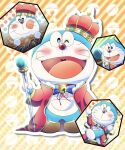  1boy :d bell blue_bow blue_bowtie blue_eyes blush bow bowtie cat cloak crown doraemon doraemon_(character) dorayaki food fur-trimmed_cloak fur_trim highres holding holding_scepter king looking_at_viewer masser0209 multiple_views neck_bell neck_ribbon one_eye_closed red_cloak red_nose red_ribbon ribbon scepter smile solo_focus sparkle standing straight-on tongue tongue_out v-shaped_eyebrows wagashi whiskers 