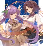  2girls bad_anatomy bad_arm beamed_sixteenth_notes biwa_lute black_skirt blush brown_dress brown_eyes brown_hair collared_shirt dress flower hair_flower hair_ornament hairband highres instrument long_hair long_sleeves lute_(instrument) multiple_girls musical_note one_eye_closed open_mouth purple_hair purple_hairband quarter_rest ri_cochet sharp_sign shirt short_hair siblings sisters sixteenth_note skirt smile touhou treble_clef tsukumo_benben tsukumo_yatsuhashi violet_eyes white_flower white_shirt 