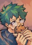  1boy absurdres artist_name bespectacled boku_no_hero_academia chocolate_chip_cookie commentary cookie english_commentary food freckles glasses green_eyes green_hair highres holding holding_food male_focus midoriya_izuku shirt short_hair solo upper_body zukuworid 