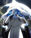  1girl artist_name blue_eyes blue_hair blue_sky cigar cloak cracked_skin dress elden_ring extra_arms extra_faces fur_cloak gwenervi hat highres holding holding_cigar large_hat long_hair moon one_eye_closed ranni_the_witch sky smoke smoking solo white_dress witch_hat 