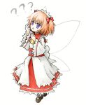  1girl ? ?? blush brown_footwear dress fairy fairy_wings full_body highres long_sleeves looking_away red_dress red_ribbon redhead ribbon solo sunny_milk tiara touhou two_side_up user_fvde8277 violet_eyes wings 