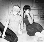  1boy 1girl absurdres black_hair blush chainsaw_man denji_(chainsaw_man) dress fourth_east_high_school_uniform greyscale highres instagram_logo instagram_username long_hair looking_away looking_to_the_side low_twintails marvin_(omarvin) mitaka_asa monochrome pinafore_dress school_uniform short_hair signature twintails twitter_logo twitter_username white_hair 