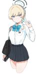  1girl alternate_costume bag black_skirt blonde_hair blue_archive blue_bow blue_bowtie blue_eyes blue_nails blue_ribbon bow bowtie breast_pocket closed_mouth collared_shirt cropped_legs expressionless hair_ribbon halo holding holding_phone long_sleeves looking_at_viewer phone pocket ribbon school_bag school_uniform shirt shirt_tucked_in short_hair shoulder_bag simple_background skirt solo sukeroku_(treeee) toki_(blue_archive) v white_background white_shirt 