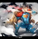  1boy animification artist_name black_hair blood blue_eyes blue_pants boots bruise clenched_teeth coat coat_removed dc_comics hand_over_eye injury jonathan_kent male_child male_focus pants se-lene snow_boots superboy superman_(series) superman_logo teeth torn_clothes torn_pants 