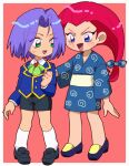  1boy 1girl aged_down blue_eyes blue_hair child female_child green_eyes highres james_(pokemon) japanese_clothes jessie_(pokemon) kimono macchiromomomo male_child pink_background pokemon pokemon_(anime) redhead team_rocket 