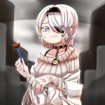  1girl :t bandages bangs black_hairband black_survival blue_eyes blurry blurry_background breasts chain closed_mouth commentary_request eating eyepatch grey_sweater hair_between_eyes hairband kurodani_yamame long_sleeves medium_breasts rinyamame short_hair single_bare_shoulder sissela_(black_survival) solo stitches sweater touhou upper_body white_hair 
