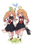  2girls ahoge antennae armband bag bandaid bird bloomers bow braid collar commentary_request drooling full_body green_eyes hair_bow hair_ornament hairclip highres holding_hands id_card leucochloridium_paradoxum loafers long_hair looking_at_another multiple_girls orange_hair original parasite pointy_ears red_eyes sailor_collar school_bag school_uniform shoes sign snail snail_girl suspenders twin_braids twintails underwear vial warning_sign zenmaibook 