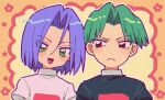  2boys angry blue_hair brown_eyes butch_(pokemon) green_eyes green_hair happy james_(pokemon) macchiromomomo male_focus multiple_boys pokemon pokemon_(anime) smile team_rocket 