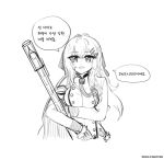  1girl artist_name bangs breasts coat commentary_request crossed_bangs dated girls_frontline gloves gun hair_between_eyes hair_ornament hairclip holding holding_gun holding_weapon iws_2000_(girls&#039;_frontline) korean_commentary korean_text large_breasts long_hair looking_at_viewer madcore military_coat monochrome open_mouth simple_background smile solo steyr_iws_2000 translation_request upper_body weapon white_background 