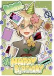  1boy alternate_eye_color basil_(omori) blonde_hair blush bright_pupils camera flower food fruit green_eyes green_sweater_vest grhm_0418 hair_flower hair_ornament happy_birthday hat highres holding_flower_pot looking_at_viewer omori open_mouth party_hat plant potted_plant shirt short_hair short_sleeves smile solo spoilers sweater_vest upper_body watermelon white_pupils white_shirt 