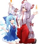  2girls absurdres alternate_hair_length alternate_hairstyle bangs blue_dress blue_eyes blue_hair bow cirno closed_mouth collared_shirt commentary_request dress fire fujiwara_no_mokou full_body grey_hair hair_bow highres ice kneeling long_hair looking_at_another mikan_(manmarumikan) multiple_girls pants red_eyes red_pants shirt short_sleeves smile suspenders touhou white_bow white_shirt 