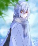  1boy accelerator_(toaru_majutsu_no_index) albino ambiguous_gender bangs black_shirt blurry blurry_background bug_print cape cityscape closed_mouth clouds cloudy_sky coat day diagonal_stripes expressionless grey_scarf hair_between_eyes half-closed_eyes leaf maisuiren official_alternate_costume pale_skin red_eyes scarf shirt short_hair sky solo solo_focus striped toaru_majutsu_no_index tree upper_body white_cape white_coat white_hair 