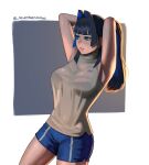  1girl armpits arms_behind_head arms_up bangs blue_eyes blue_hair bra bra_visible_through_clothes breasts gym_shorts hololive hololive_english large_breasts looking_ahead ouro_kronii parted_lips ponytail see-through see-through_shirt seventeencrows shorts sidelocks signature simple_background sleeveless sweat sweaty_clothes thighs turtleneck underwear virtual_youtuber wet wet_clothes white_background 