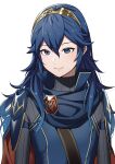  1girl ameno_(a_meno0) armor bangs black_sweater blue_cape blue_eyes blue_hair cape closed_mouth commentary_request fire_emblem fire_emblem_awakening hair_between_eyes lips long_hair long_sleeves looking_at_viewer lucina_(fire_emblem) pink_lips red_cape ribbed_sweater shoulder_armor simple_background smile solo sweater tiara turtleneck turtleneck_sweater two-sided_cape two-sided_fabric white_background 