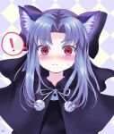  ! 1girl animal_ears argyle argyle_background black_capelet blue_eyes blush bow capelet cat_ears commentary_request frown hair_bow large_bow len_(tsukihime) lo_lis long_hair pom_pom_(clothes) red_eyes slit_pupils solo spoken_exclamation_mark sweatdrop tsukihime upper_body 