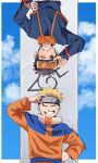  2boys black_hair blonde_hair blue_sky closed_eyes commentary commentary_request facial_mark forehead_protector goggles hand_on_hip highres insignia long_sleeves looking_at_viewer male_focus multiple_boys naruto naruto_(series) ninja one_eye_closed pnpk_1013 short_hair sky smile spiky_hair teeth uchiha_obito uzumaki_naruto whisker_markings 