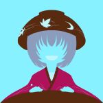  1girl blending blue_background bowl bowl_hat flat_color hat highres japanese_clothes kimono limited_palette maskin_mei no_eyes no_lineart portrait purple_hair red_kimono silhouette simple_background solo sukuna_shinmyoumaru touhou wide_sleeves 