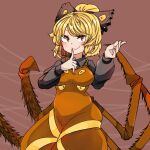  1girl arthropod_limbs black_bow black_shirt blonde_hair blush bow breasts brown_background brown_dress brown_eyes closed_mouth collared_shirt commentary_request cowboy_shot dress extra_eyes extra_legs finger_to_own_chin fingernails frilled_shirt_collar frills hair_bow hair_bun kurodani_yamame long_dress long_sleeves looking_at_viewer medium_breasts pinafore_dress ribbon rinyamame shirt short_hair silk smile solo spider_web touhou yellow_ribbon 