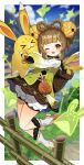  &gt;_&lt; 1girl 1other absurdres animal animal_ears arms_up bag bamboo bamboo_fence bangs basket bell bloomers blue_sky blunt_bangs blurry blurry_background blush boots border bow bow-shaped_hair brown_dress brown_eyes brown_hair bush closed_eyes clouds cloudy_sky day dress fence flower fur-trimmed_footwear fur_trim genshin_impact grass green_flower green_vest hair_bell hair_flower hair_ornament hands_up highres hug leaf leg_up long_sleeves looking_at_viewer mountain one_eye_closed open_mouth orange_bow orange_footwear outdoors outside_border puffy_long_sleeves puffy_sleeves rabbit rabbit_ears red_bow river shirt short_hair sidelocks sky smile standing standing_on_one_leg tassel tongue two-tone_footwear two-tone_fur underwear vest water white_border white_footwear white_fur white_shirt yaoyao_(genshin_impact) yellow_bow yellow_flower yellow_fur yuegui_(genshin_impact) yuujin_(yuzinn333) 