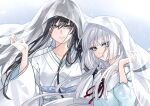  2girls bangs black_hair blue_eyes day earrings gegege_no_kitarou grey_sky hair_between_eyes hands_up highres japanese_clothes jewelry kimono kyokou_suiri long_hair looking_at_viewer multiple_girls outdoors pointy_ears red_ribbon ribbon silanduqiaocui smile snowing trait_connection upper_body veil white_hair white_kimono wide_sleeves yuki-onna_(kyokou_suiri) yuki_(gegege_no_kitarou_6) yuki_onna 