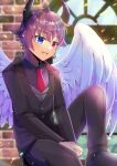  1boy :d black_jacket black_pants black_shirt blue_eyes blurry blurry_background brick_wall collared_shirt commentary_request commission depth_of_field earrings feathered_wings feet_out_of_frame grey_vest heterochromia horns indie_virtual_youtuber indoors jacket jewelry knee_up kou_hiyoyo la_dumar long_sleeves male_focus necktie pants purple_hair purple_wings red_eyes red_necktie shirt sitting skeb_commission smile solo vest virtual_youtuber white_wings window wings 