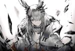  1girl animal_ears arknights bangs cape closed_mouth frostnova_(arknights) grey_eyes grey_hair hair_over_one_eye head_tilt highres long_hair looking_at_viewer originium_arts_(arknights) rabbit_ears rabbit_girl remsrar scar scar_on_face scar_on_nose smile solo upper_body white_cape 