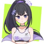  1girl black_hair blue_archive border breasts choker closed_mouth collarbone flower green_background green_choker hair_flower hair_ornament hair_scrunchie highres inu_(inu2inu) jacket jacket_partially_removed light_blush long_hair looking_at_viewer medium_breasts off_shoulder ponytail purple_scrunchie scrunchie simple_background solo sports_bra sumire_(blue_archive) violet_eyes white_border 