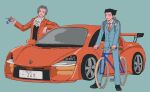  23011620x 2boys :i ace_attorney ascot bicycle black_hair black_vest blue_background blue_badger blue_jacket blue_pants car closed_mouth collared_shirt formal grey_hair ground_vehicle hair_intakes highres jacket keychain long_sleeves miles_edgeworth motor_vehicle multiple_boys necktie pants phoenix_wright red_jacket red_necktie red_suit shirt short_hair simple_background smile smug spiky_hair standing suit vehicle_focus vest white_shirt 