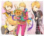  1boy bangs black_gloves black_necktie blonde_hair brown_gloves clenched_hand closed_eyes collared_shirt confetti flower gloves holding holding_flower idolmaster idolmaster_side-m kappysan maita_rui male_focus necktie one_eye_closed open_mouth shirt star_(symbol) sunflower teeth upper_teeth_only 