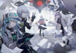  1boy 4girls absurdres antonina_(girls&#039;_frontline_nc) aqua_hair bangs baseball_cap black_gloves black_jacket blonde_hair candy closed_mouth commentary_request croque_(girls&#039;_frontline_nc) food from_behind from_side full_body girls&#039;_frontline_neural_cloud gloves grey_hair hair_between_eyes hair_ornament hairclip hat headphones highres holding jacket labcoat lollipop long_hair looking_at_viewer mask mask_around_neck medium_hair multiple_girls open_mouth orange_jacket paper persicaria_(girls&#039;_frontline_nc) ponytail simo_(girls&#039;_frontline_nc) sol_(girls&#039;_frontline_nc) sye v waving white_headwear white_jacket yellow_eyes 
